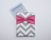 iPad Mini, Kindle, Nook, eReader Case - Gray Chevron Stripe with Hot Pink Bow - Padded