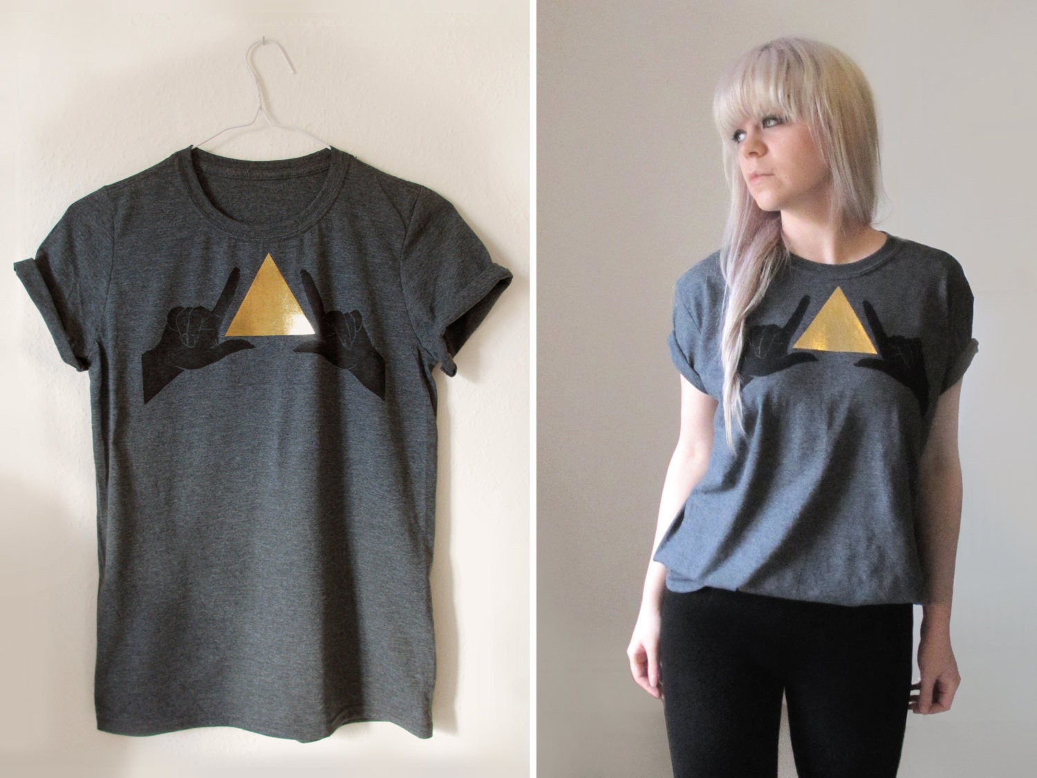 Hand Printed T-shirt - Let's Make Shapes - Charcoal/Gold