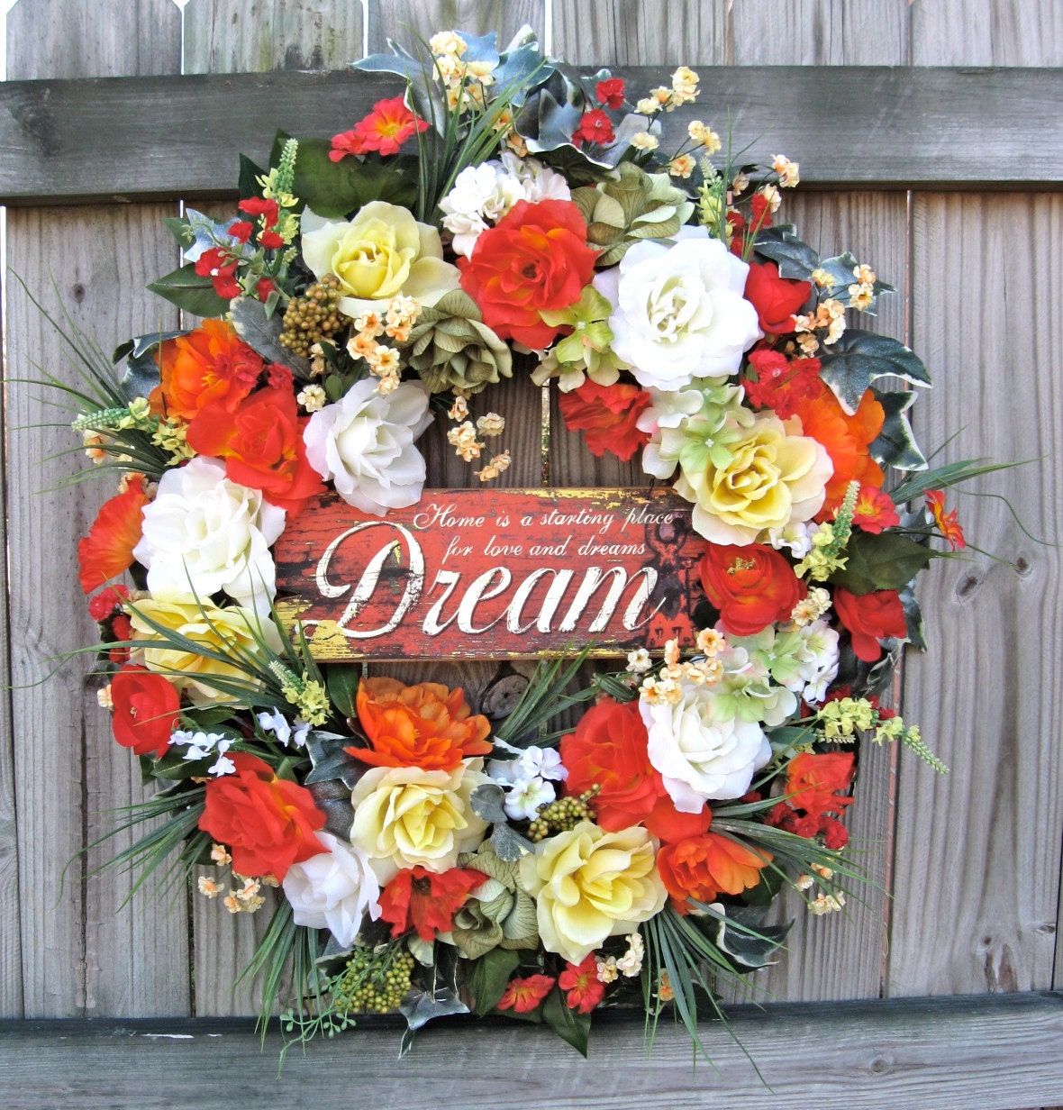 SALE  Sunshine Garden of Dreams Rose Peony Wreath, Yellow, Coral, Orange, red, X-Large