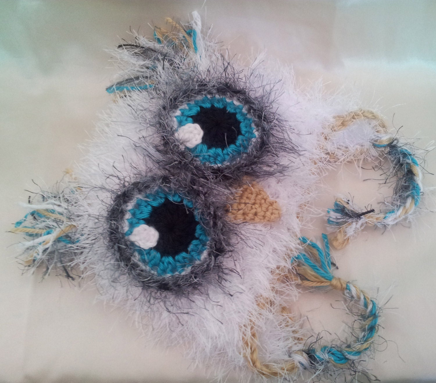Cute Fluffy Furry Fuzzy Crochet White, Gray, and Teal Owl Baby Hat