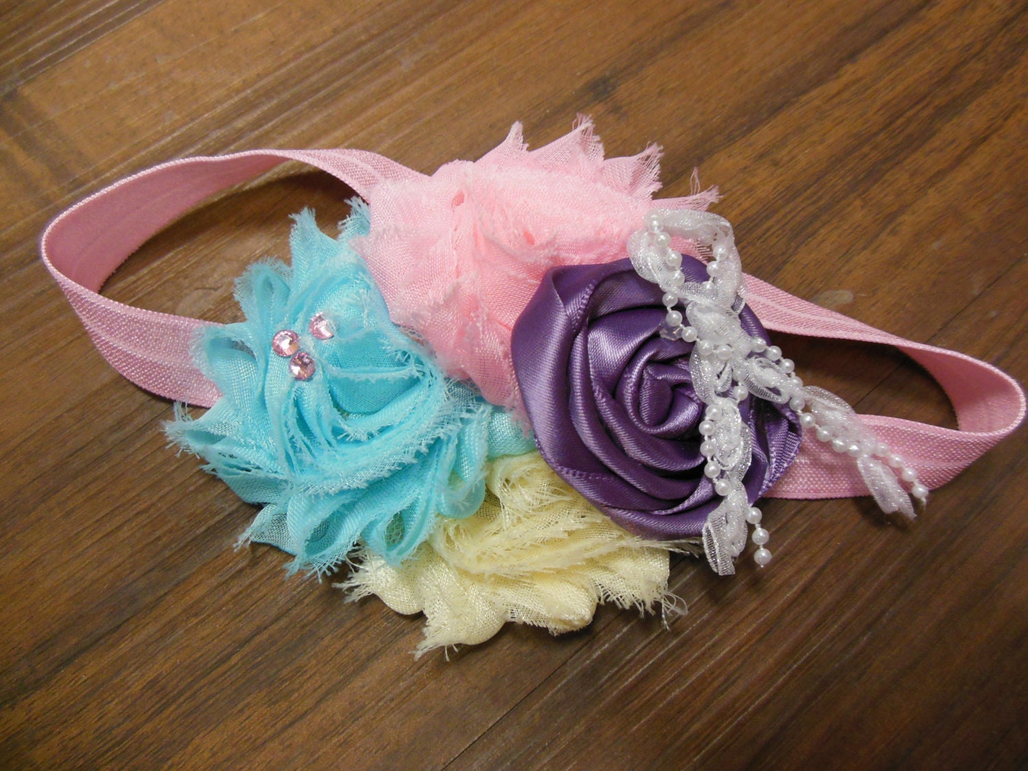 Headband, Baby girl gift, Shabby chic, Children, Newborn, Baby Shower, Photo Prop, Lace pearls, Rolled Rose, Pastel, Baby pink
