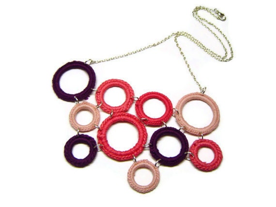 Statement Necklace, Geometric Necklace, Crochet Necklace, Crochet Circles, Asymmetric, Chain Necklace, Pink Purple, Art Deco, Pink Necklace