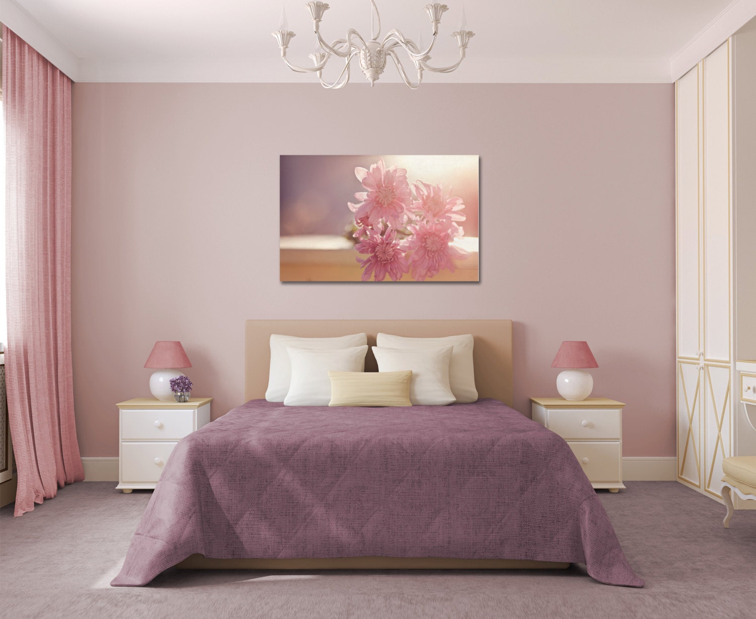 Girls Bedroom Canvas Gallery Wrap Purple Pink Flowers Warm Sunshine Sunlight Glow Nursery Romantic Love Photo Print Home Decor Wall Art