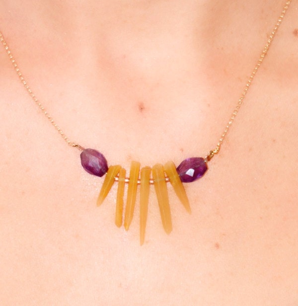 Semi Precious Stones in Purple and Yellow: Amethysts and Yellow Opal "Rays" on Gold-Fill Chain