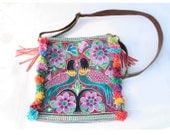 Elegantly Hand Stitched Messenger Bag, Double Peacock On Violet Flowers, Traditional Oriental Bohemian Look