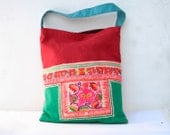 Vintage Large Tote Bag, Traditional Thai Style ,Green Red, Flower Embroidered