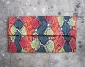 HANDPAINTED OVERSIZE - Hand Painted Fold Over Python Snakeskin Leather Clutch Multi Color - Olive Green, Neon Orange, Yellow, Black