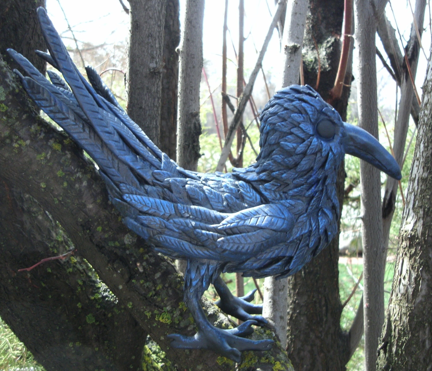 Game of Thrones Crow Raven Sculpture 3 Eyed mystical magical king bird medevial ooak handmade blue black