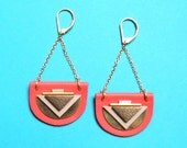 Lune earings coral, lamb leather and gold plated, handmade, graphic shape