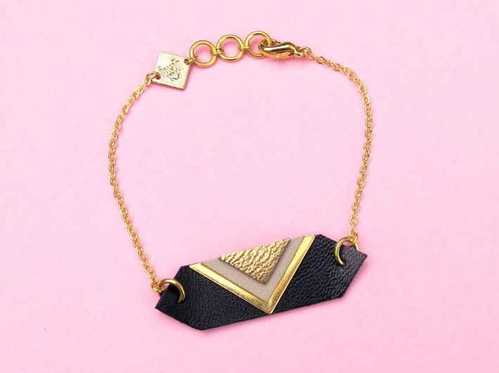 Louvre bracelet black, graphic leather jewelry and gold plated