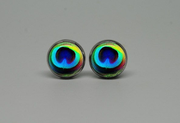 Silver Stud Post Earrings with Peacock feather