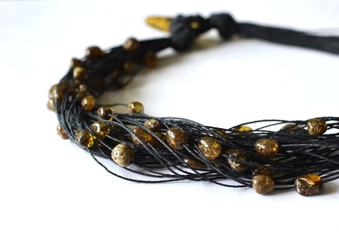 Amber Black Linen Necklace Natural Raw Stone Brown Beige Green Earthy Color