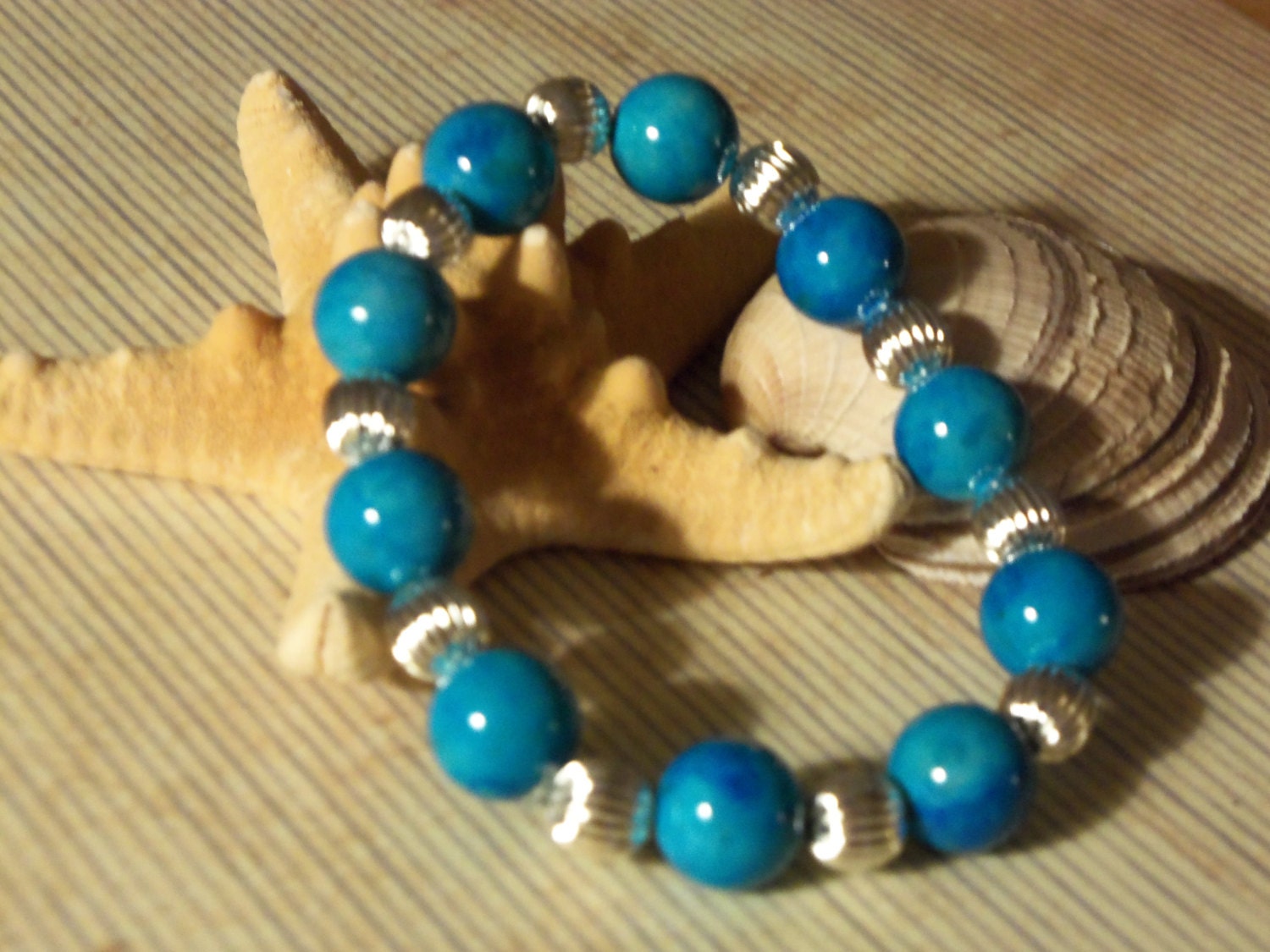 HANDMADE Turquoise and Silver Beaded Stretch BRACELET, Beach Wedding Jewelry
