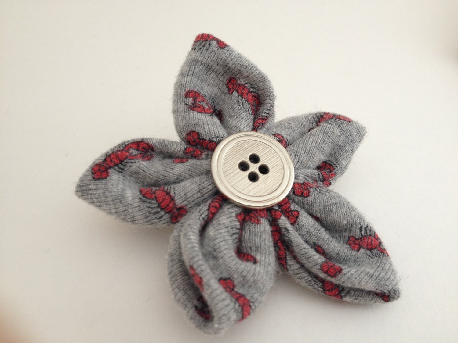 Louisiana Crawfish Hair Barrette Grey Flower, Red Crawfish, with vintage style silver button