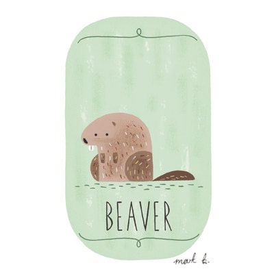 Beaver art print - 6x4 painting in pink, peach, cream, green, teal, blue & purple - nature illustration