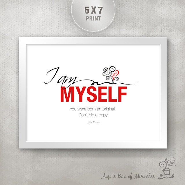 I AM MYSELF 5x7 Inspirational Quote Print with Tree of LIfe Illustration / Inspiring Gift / Inspiring Typography / Unique Home Decor