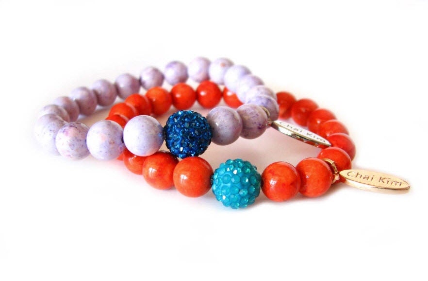 Peridot beaded stretch bracelet-Lilac,Orange, Cobalt blue discoball, turquoise discoball -Shipping with tracking