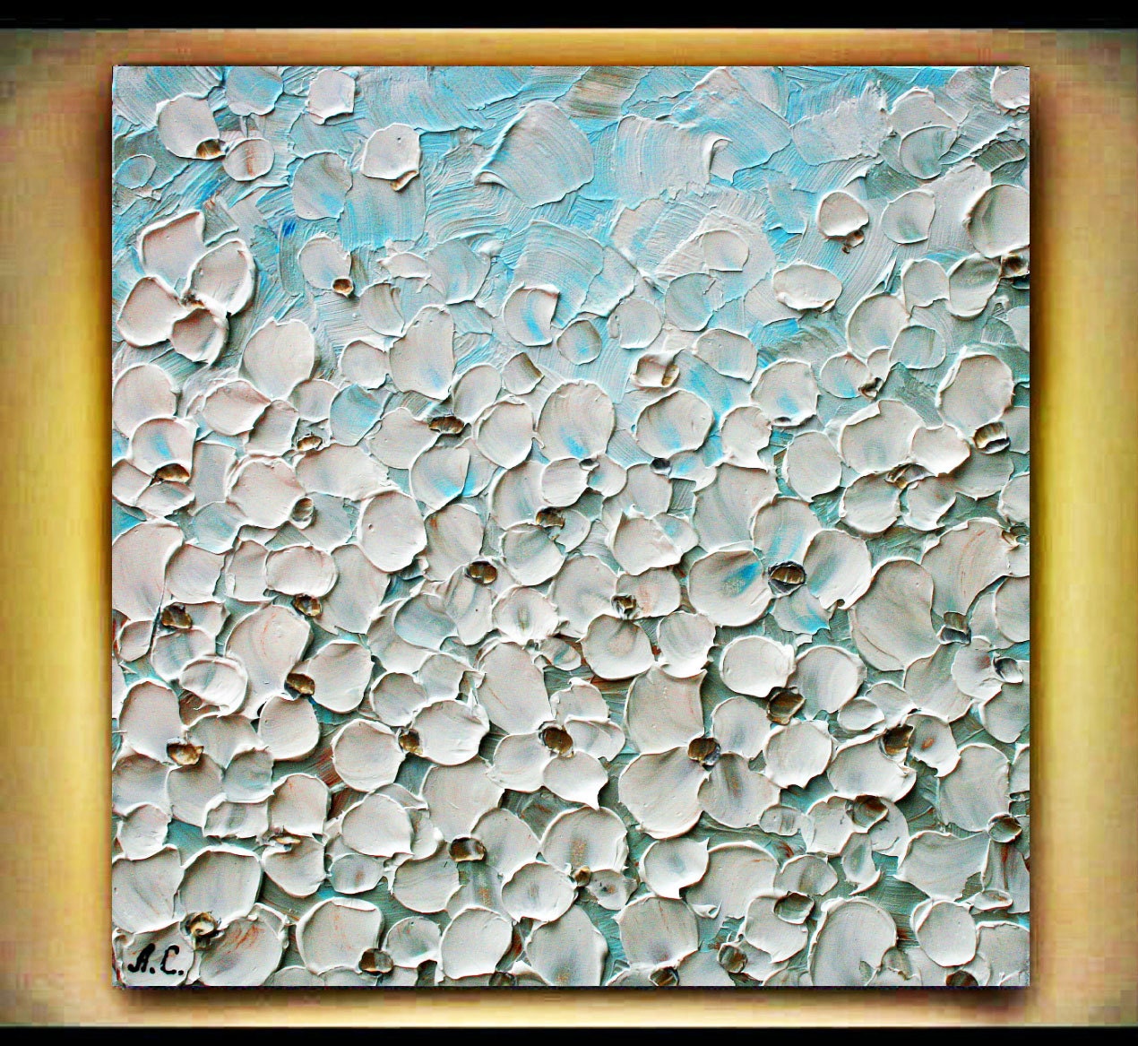 Original Modern  Handpainted Abstract  Heavy Acrylic   Impasto Palette Knife   " White Flowers" Painting. Size 24x 24 x 1.5.