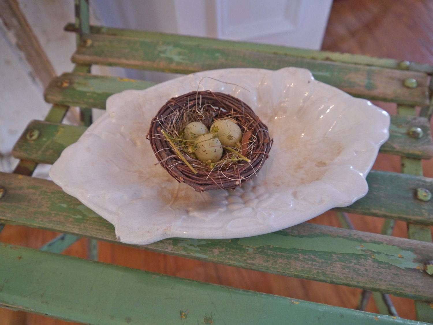 Vintage White Ironstone Dish with Embossed Grapes and Leaves