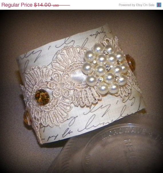 ON SALE Upcycled Recycled Retro Vintage Vinyl Record Pearls And Lace Eco Friendly Cuff Bracelet