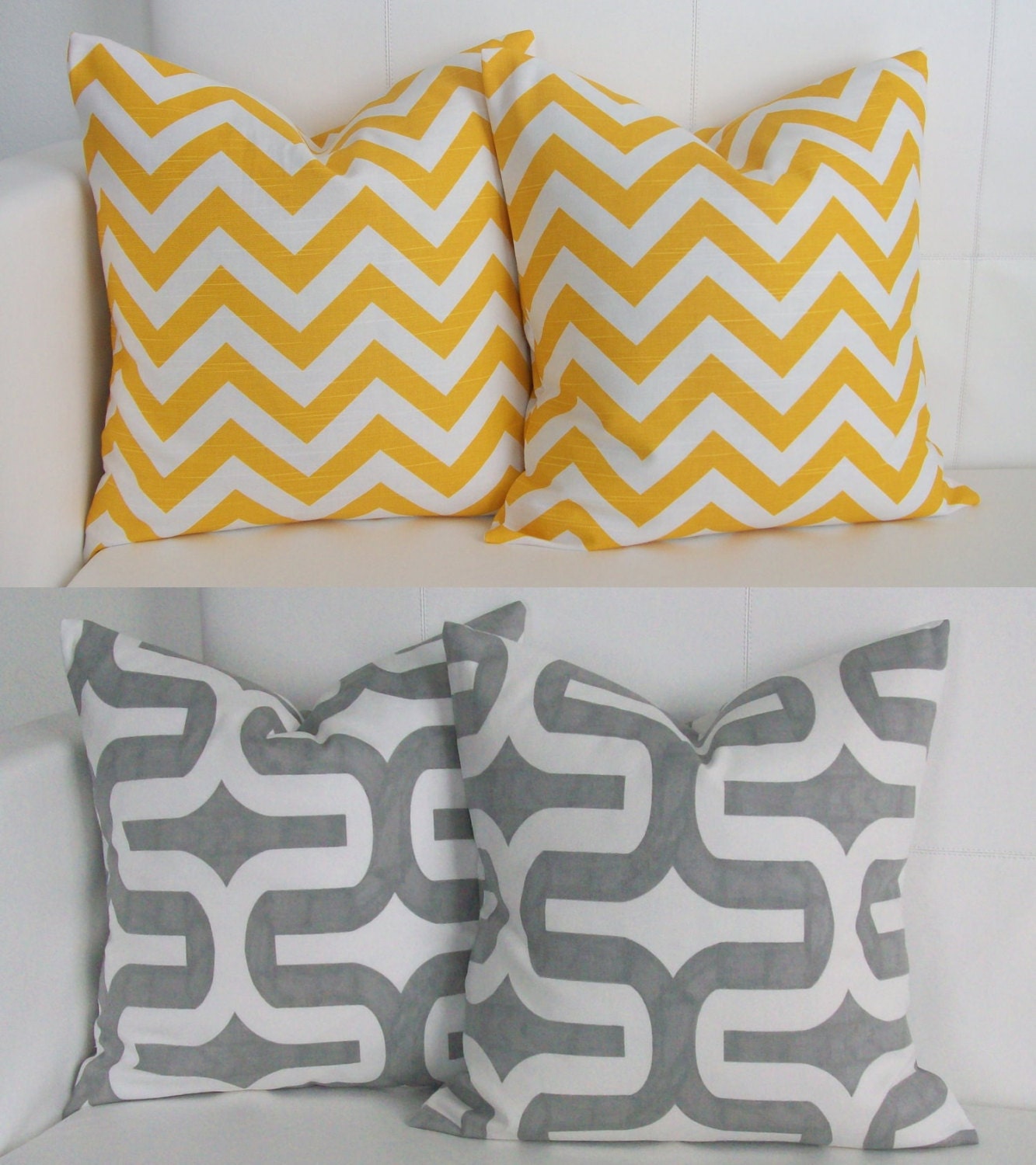 Yellow Chevron and Gray Retro Throw Pillow Covers for 16x16 Throw Pillows - FOUR