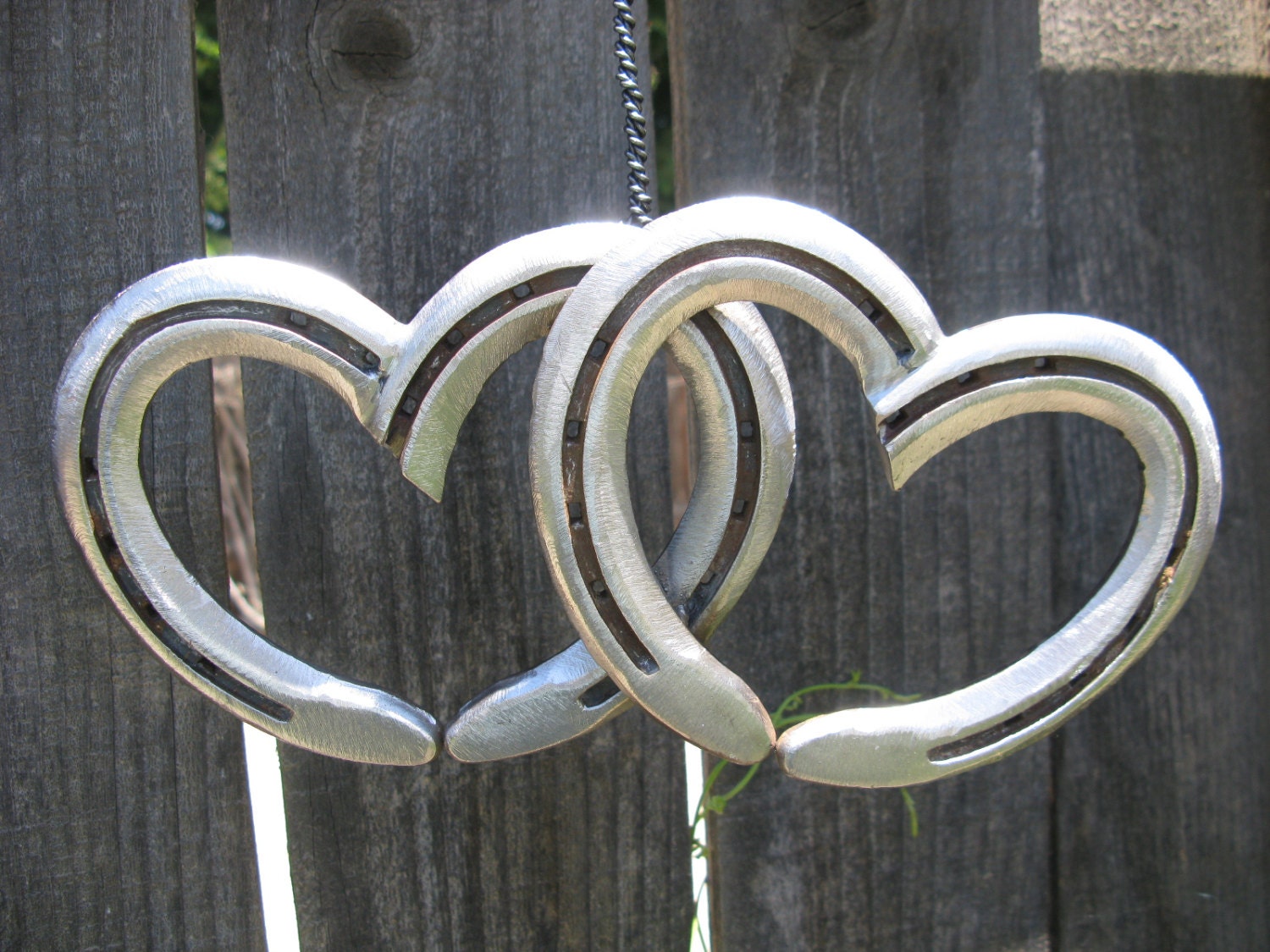 Two Hearts as One Welded Hanging Horseshoe Hearts - Polished