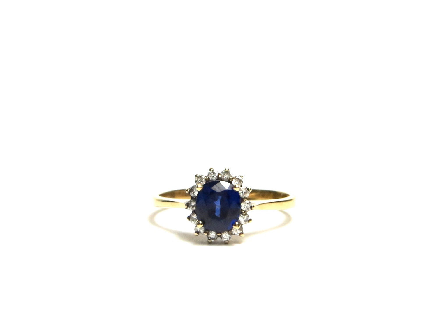 18k Yellow Gold Blue Sapphire Oval Ballerina Diamond Ring Size 8