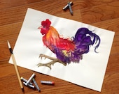 Colorful Bright Rooster Chicken Watercolor Original Painting