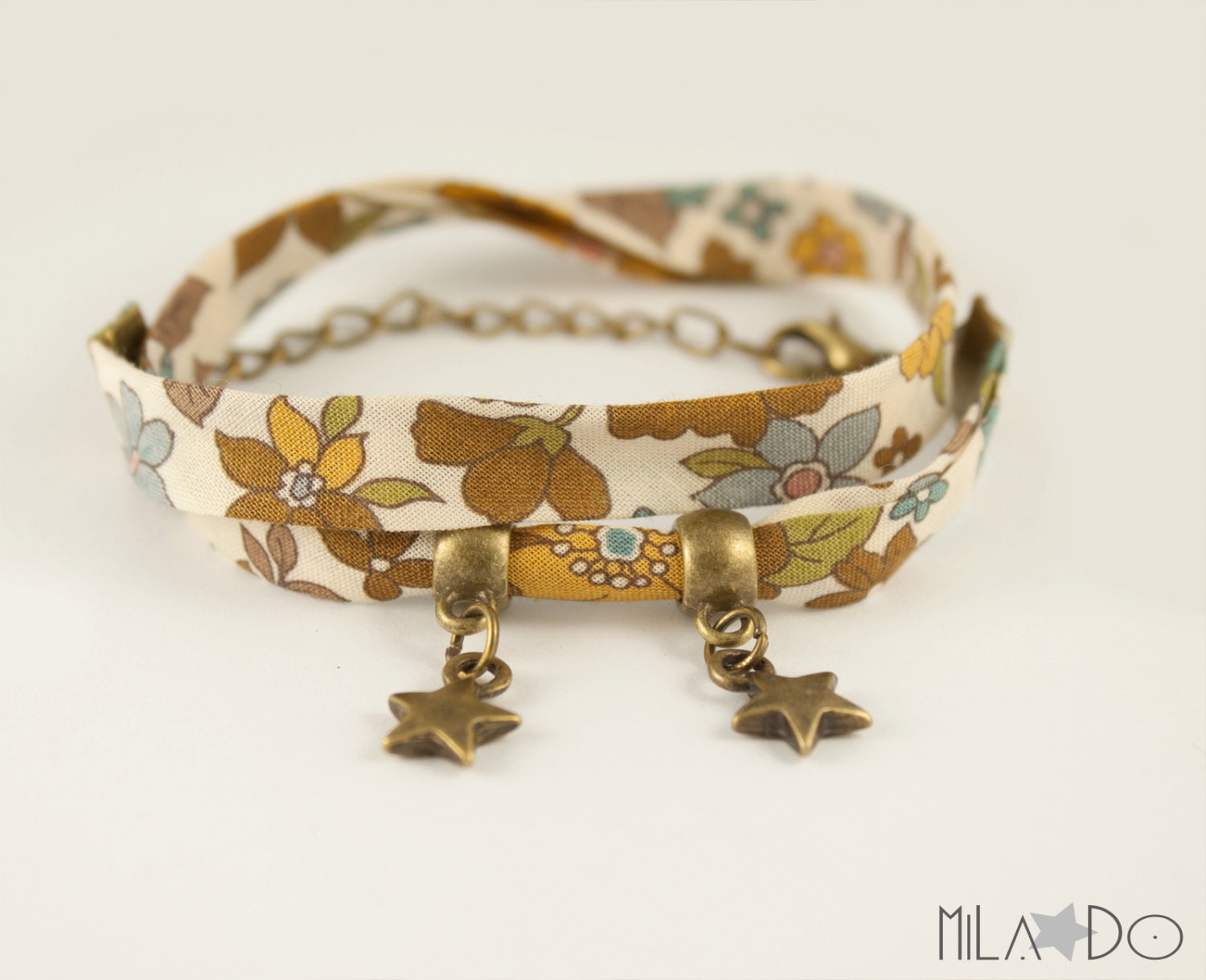 Lecien Fabric bracelet - Wrap Bracelet - Mustard Flowers bias with brass stars - charm bracelet