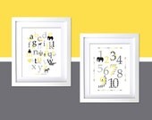 8x10 Personalized prints for kids room, Retro Animal Alphabet and Numbers in gray yellow black colors and patterns, Baby Nursery Prints