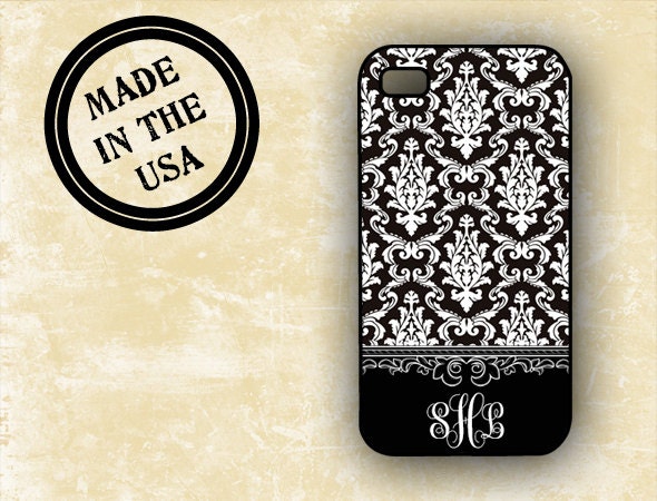 Pretty Iphone 5 case, Iphone 4 case - Black damask, monogrammed Iphone 4s cover, plastic or silicone monogram iphone case rubber (9762)