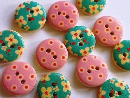 10 pink and blue spotty/floral, round wooden buttons, 15mm