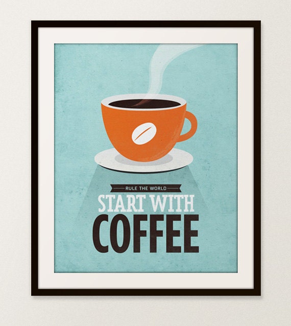 Start With Coffee Wall art - 16x20" Archival Print on Matte Canvas - Vintage-style coffee quote poster