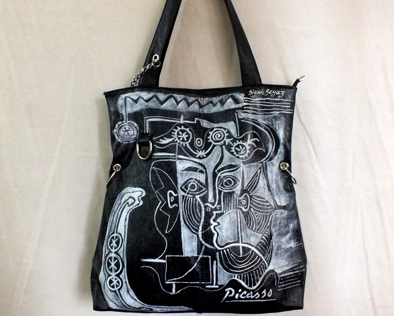 PICASSO Black  faux leather tote bag, everyday purse, hand painted