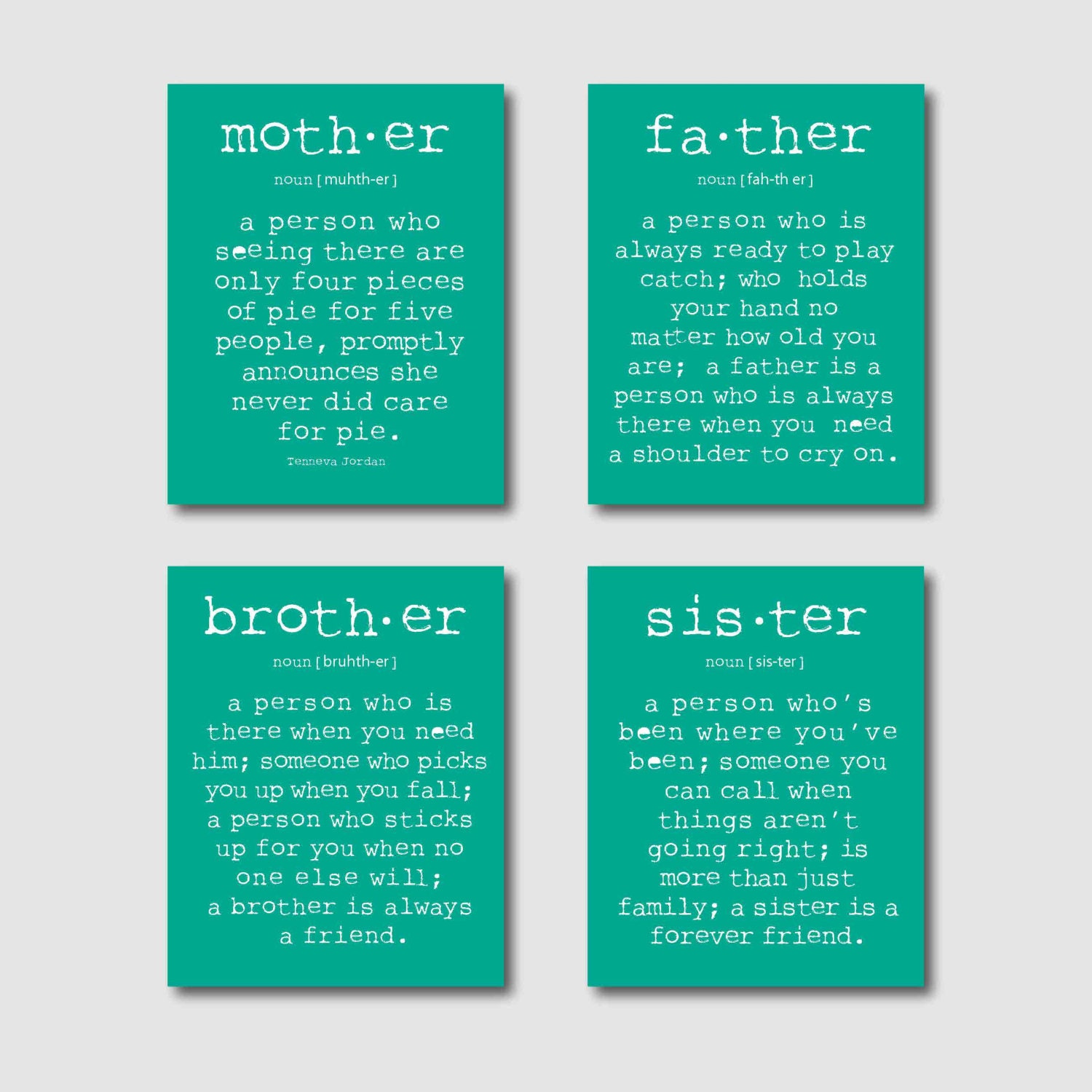 Wall Art Quad - Family Inspiration - Typography - Room decor - Set of 4 - 8 x 10 print on black, turquoise, orange, or emerald background