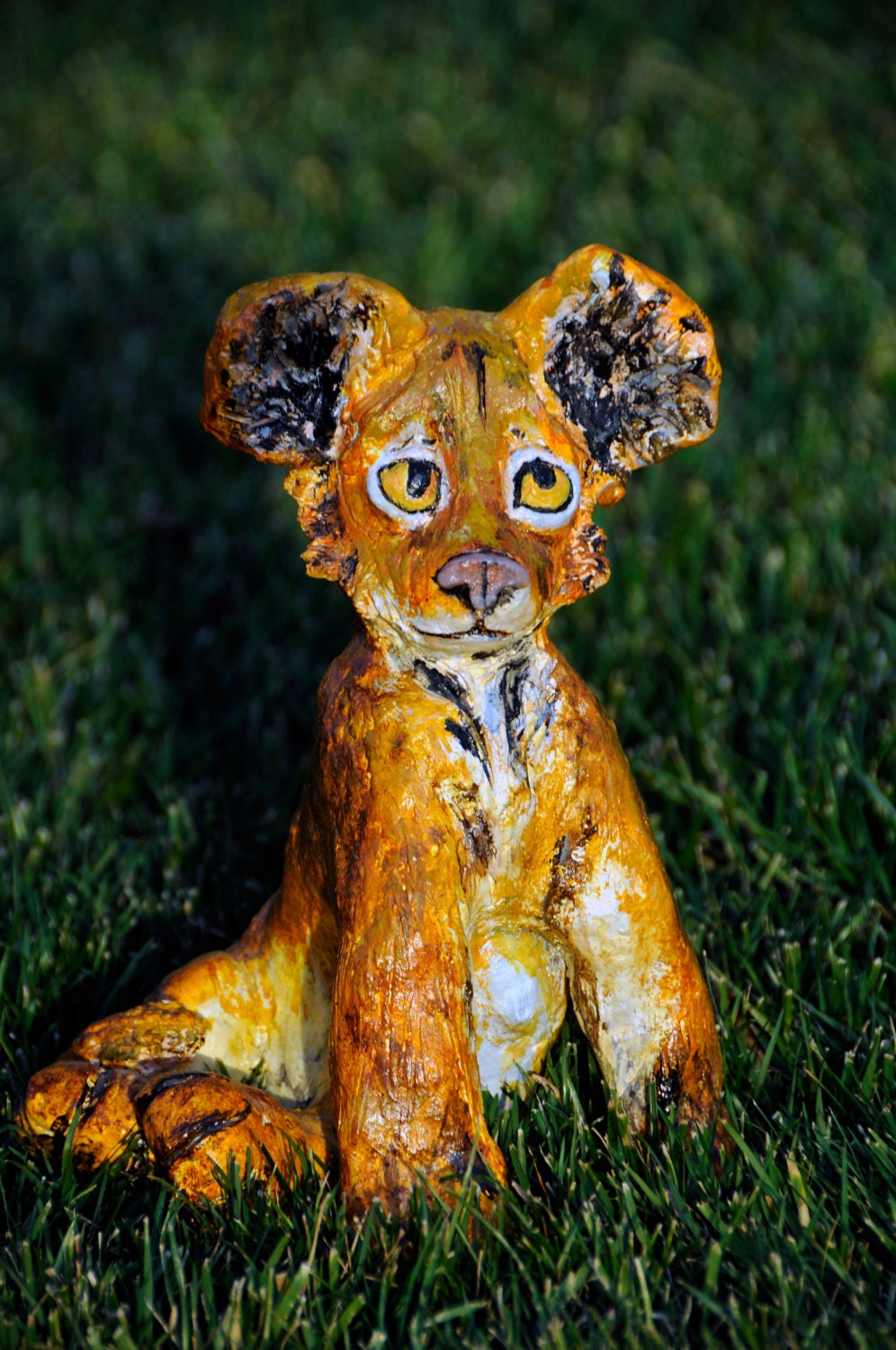 Original Ceramic Hand-Painted Acrylic Lion Cub Sculpture