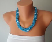 Turquoise Hand-crochet Rope Necklace with silvery glass beads,, Necklace, Crochet Necklace, Feminine, Trendy, Infinity,  prom,wedding