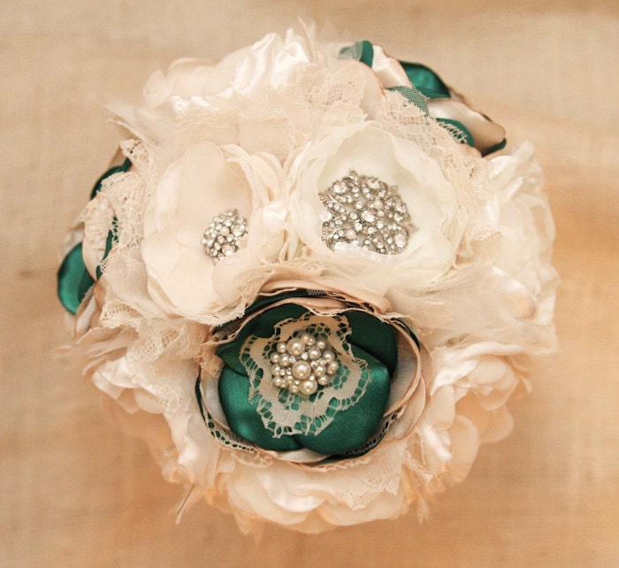 SOLD Custom Order: Ivory and emerald , Fabric Wedding Bouquet, with brooches - Sample for Emma