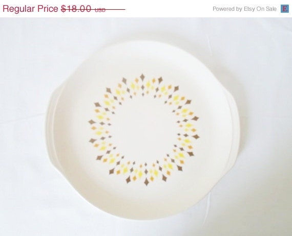 SPRING SALE Vintage Handled Serving Platter by Salem China  Carnival Pattern Mid Century Modern Retro  Atomic Yellow Orange and Brown Patte