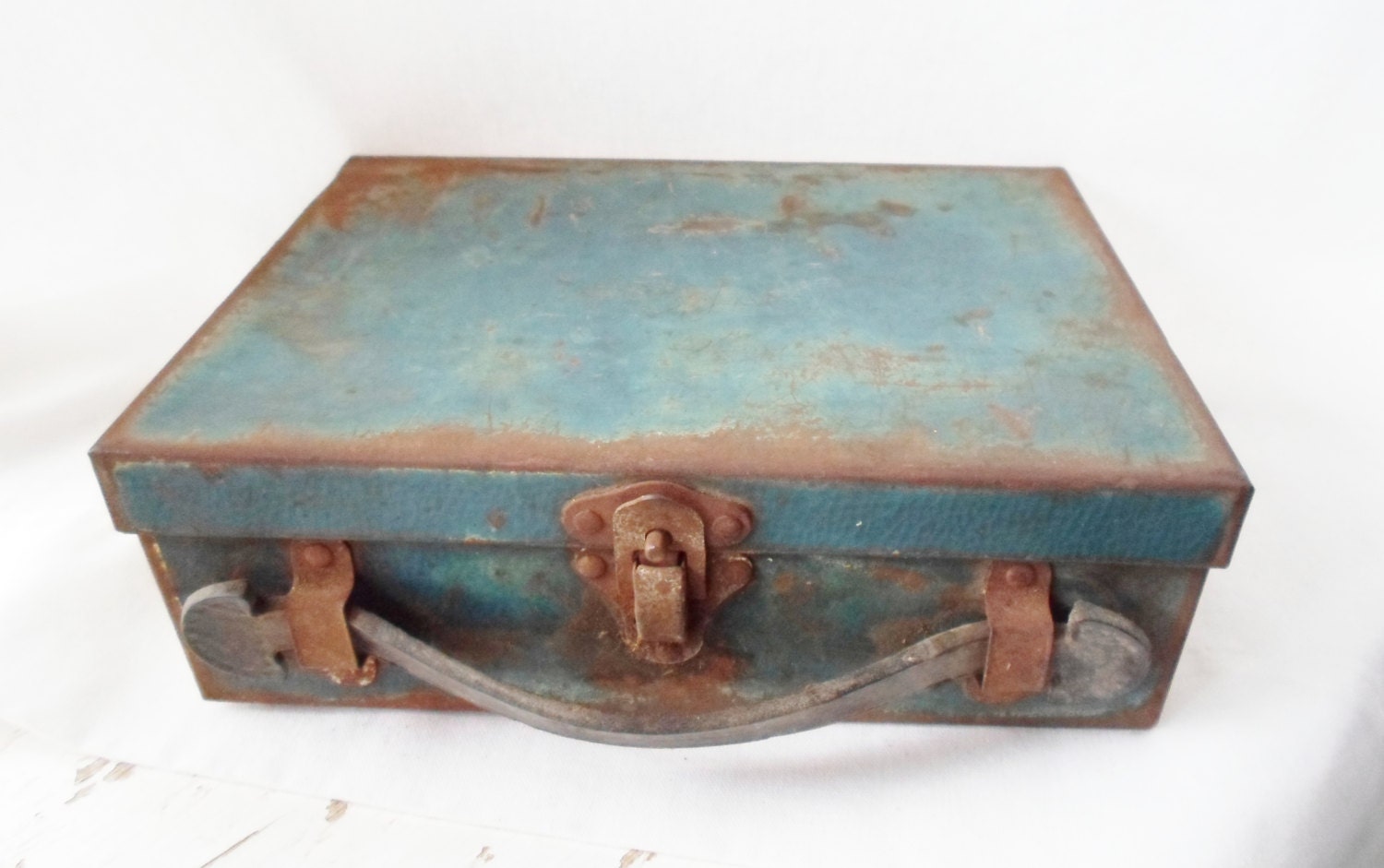 Antique Thermos Brand Working Man's Metal Lunch Box, Leather Handle, Turquoise, Rusty, Tin, Vintage, Industrial, Shabby Chic, Storage