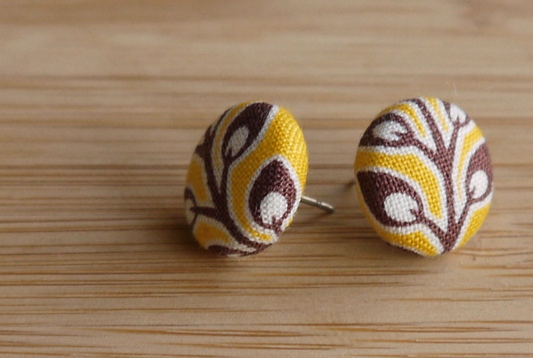 Fabric Covered Button Earrings - Mustard Yellow Leaves