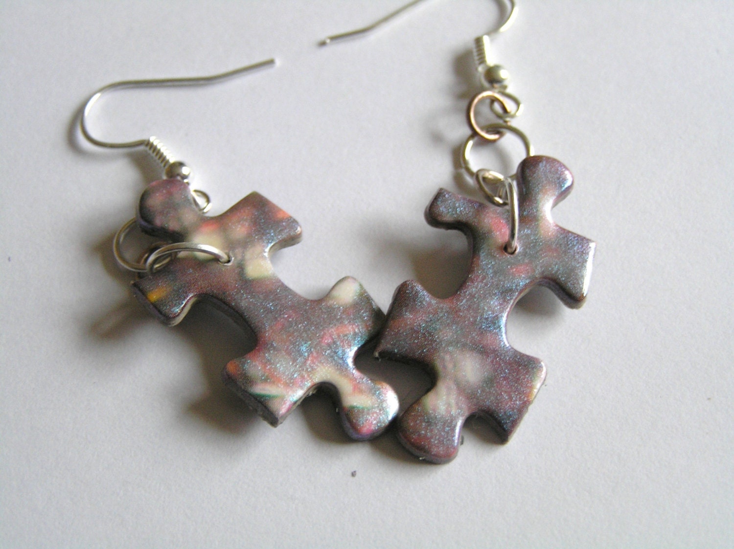 Upcycled Puzzle Piece Earrings- White, Purpish Colors with Blue Pearly Finish