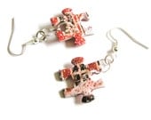 Upcycled Puzzle Piece Earrings- White, Red, Black with Red & Silver Sparkly Finish