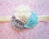 Baby Headband, Infant Headband, Newborn Headband,  Shabby Chic Headband Triple Rosette Headband, - Light Aqua, Ivory, and Gray