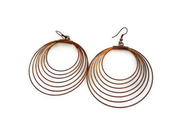 Vintage copper HOOP earrings, large LIGHT weight CIRCLES dangle, organic everyday wear, metal ear wire, boho gypsy urban cowgirl jewelry