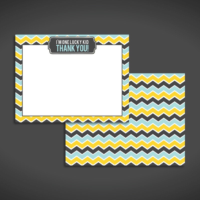 Blue Yellow Gray Chevron Pattern Thank You Cards - Child Stationery - Boy Thank You Cards -  quantity 10 - 4.25 x 5.5" - front and back