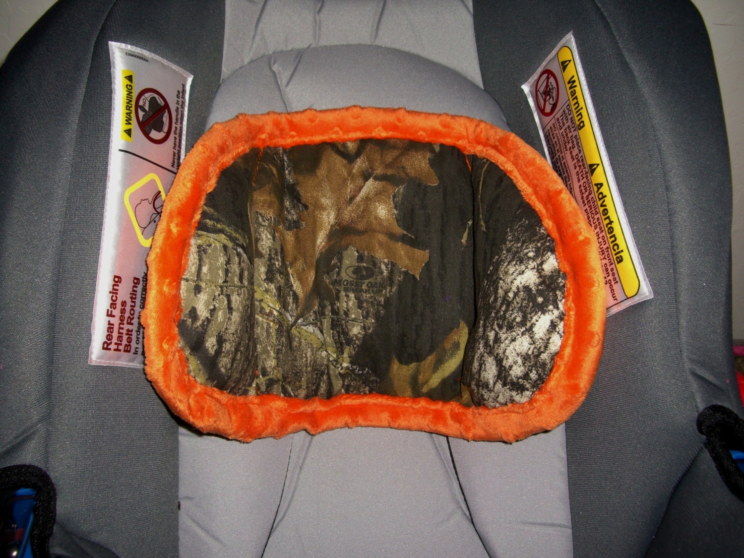 Mossy oak break up with Orange minky binding newborn head support pillow insert
