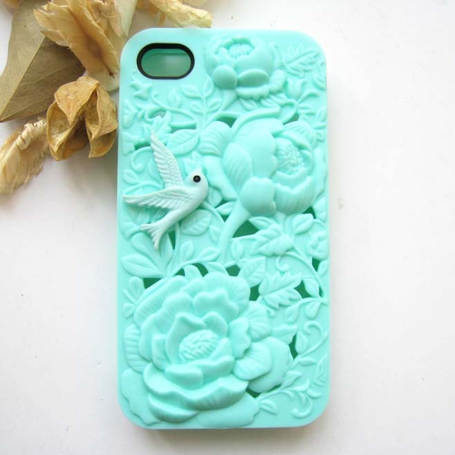 Sale (Limited Time) - Cute Resin Bird Filigree Embossed Mint Rose iPhone 4 Hard Case, iPhone 4S Hard Case