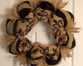 Burlap Wreath Fleur De Lis, Black and Natural Burlap, Front Door Wreath, Gift Ideas, Inside Decor, Wall Decor