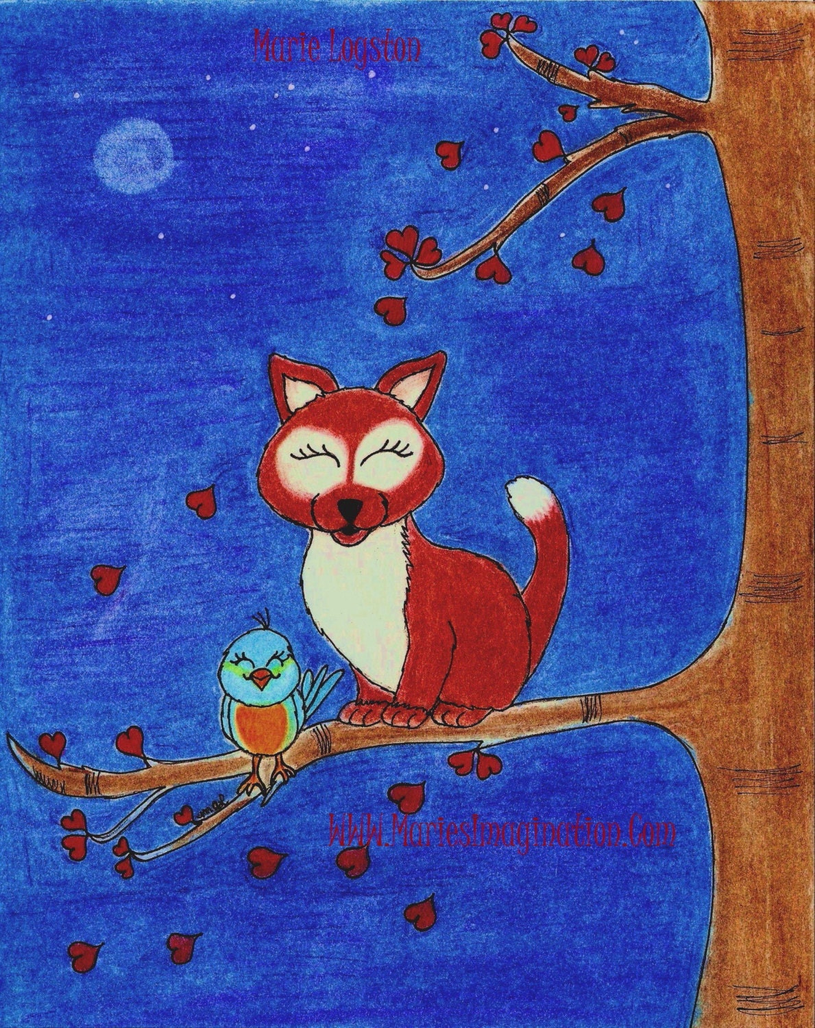 Kitty in a Tree of Hearts by Marie Logston. Greeting Cards - Note Cards. Set of 6 Cards with White Envelopes.